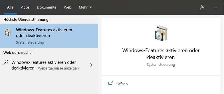 In der Windowssuchleiste nach "Windows-Features aktivieren oder deaktivieren" suchen. Alternativ kann das Fenster auch über die Systemsteuerung über Programme und Features erreicht werden.